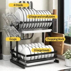 Doogo® Afdruiprek Met Lekbak 2 Laags – Inklapbaar - Muur Hangen Mogelijke - Afwasrek – Met 2 Lekbakken – Extra Accessories Voor Servies En Snijplanken - RVS -Huishoud Verkoop 1195x1200 5