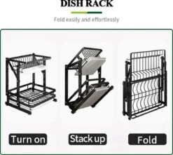 TammaT - Afdruiprek Met Lekbak 2 Laags – Inklapbaar - Afwasrek – Met 2 Lekbakken – Extra Accessories Voor Servies En Snijplanken - RVS - 38x35x26,5cm -Huishoud Verkoop 1200x1076