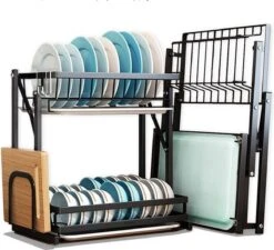 Doogo® Afdruiprek Met Lekbak 2 Laags – Inklapbaar - Muur Hangen Mogelijke - Afwasrek – Met 2 Lekbakken – Extra Accessories Voor Servies En Snijplanken - RVS -Huishoud Verkoop 1200x1095