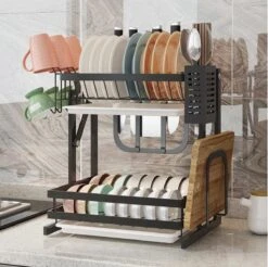 Doogo® Afdruiprek Met Lekbak 2 Laags – Inklapbaar - Muur Hangen Mogelijke - Afwasrek – Met 2 Lekbakken – Extra Accessories Voor Servies En Snijplanken - RVS -Huishoud Verkoop 1200x1195 3