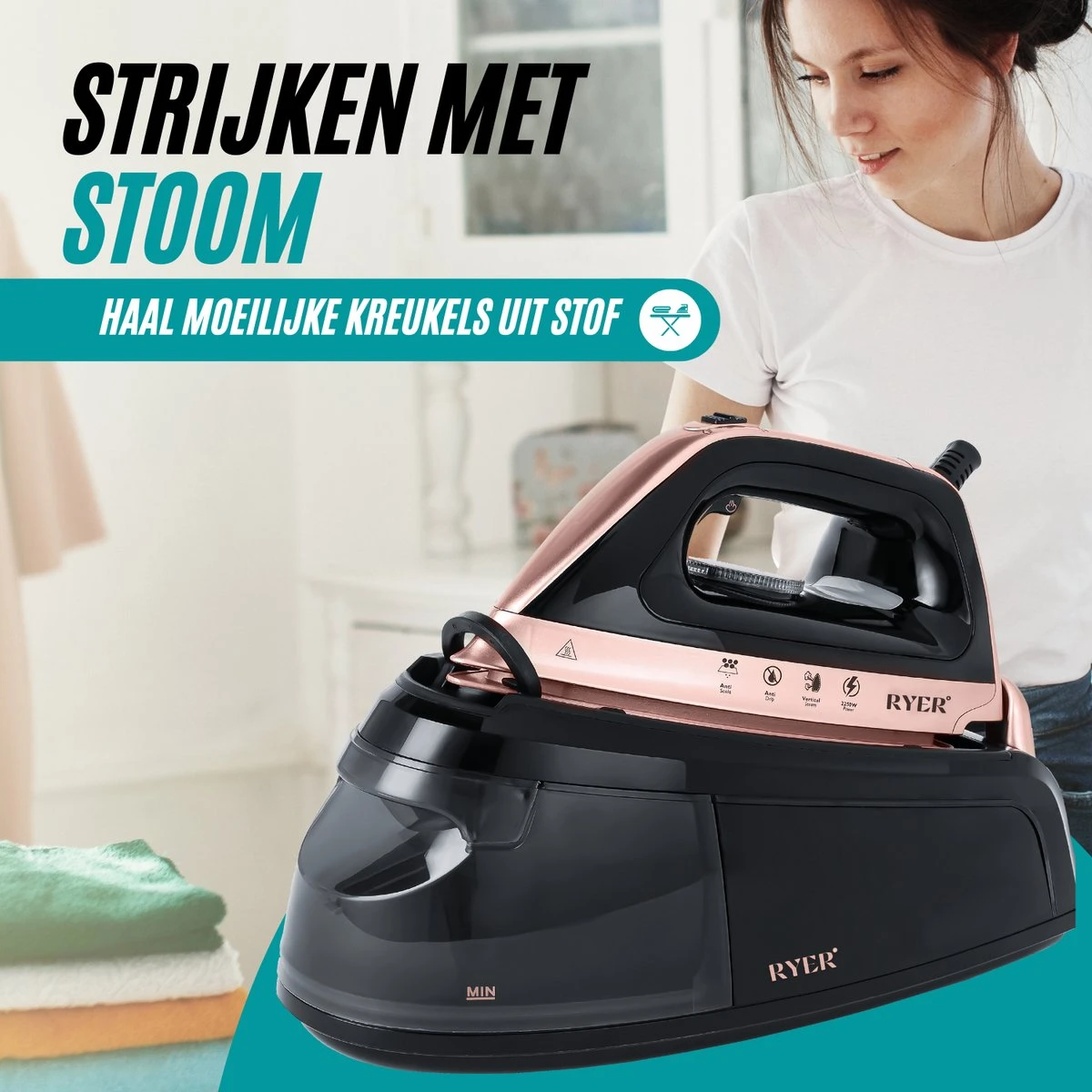 RYER Stoomstrijkijzer Met Stoomgenerator - Iron - Keramische Zoolplaat 11 RYER Stoomstrijkijzer Met Stoomgenerator - Iron - Keramische Zoolplaat - Afbeelding 9