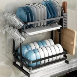 Doogo® Afdruiprek Met Lekbak 2 Laags – Inklapbaar - Muur Hangen Mogelijke - Afwasrek – Met 2 Lekbakken – Extra Accessories Voor Servies En Snijplanken - RVS -Huishoud Verkoop 1200x1200 618