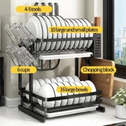 TammaT - Afdruiprek Met Lekbak 2 Laags – Inklapbaar - Afwasrek – Met 2 Lekbakken – Extra Accessories Voor Servies En Snijplanken - RVS - 38x35x26,5cm -Huishoud Verkoop 1200x1200 629