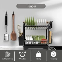 Afdruiprek - Zwart/ Met Flexibele Water Afvoer/ Borden, Pannen Bestek/ RVS/ Lichtgewicht/ Lekbak/ Luxe Uitvoering -Huishoud Verkoop 1200x1200 633