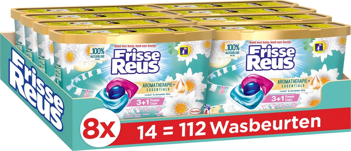 Frisse Reus Power Caps Lotus Amandel Wascapsules - Wasmiddel Capsules - Voordeelverpakking - 8 X 14 Wasbeurten 3 Frisse Reus Power Caps Lotus Amandel Wascapsules - Wasmiddel Capsules - Voordeelverpakking - 8 X 14 Wasbeurten
