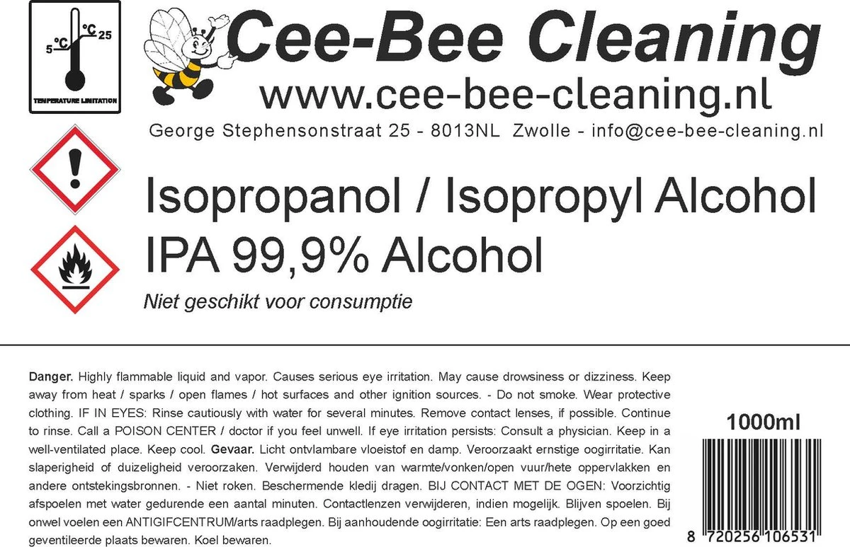 Cee-Bee Isopropanol | Isopropyl | IPA 99.9% Alcohol | 1000 Ml | 3 Flessen á 1 Liter | 3 Liter 4 Cee-Bee Isopropanol | Isopropyl | IPA 99.9% Alcohol | 1000 Ml | 3 Flessen á 1 Liter | 3 Liter - Afbeelding 2