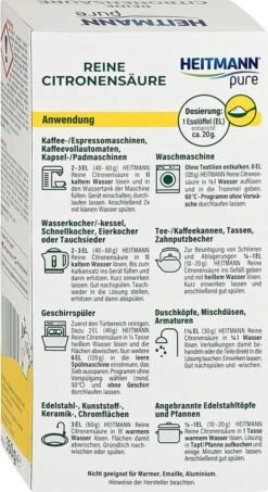 HEITMANN Pure Ontkalker- Citroenzuur Ontkalker, Natuurvriendelijke Kalkreiniger Voor Een Hygiënische Reiniging - Poeder, 1x 350 G -Huishoud Verkoop 654x1200 1